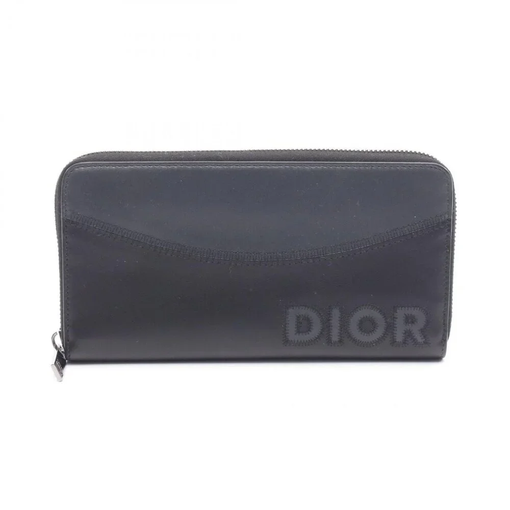 Dior Round Long Wallet Logo Black Gray Leather Round Long Wallet